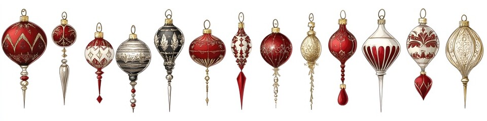 Aufkleber - A collection of classic Christmas ornaments, including baubles in red, gold, and silver, arranged in a neat line with intricate detailing on a white background. Vector art, no shadows, 4k resolution,