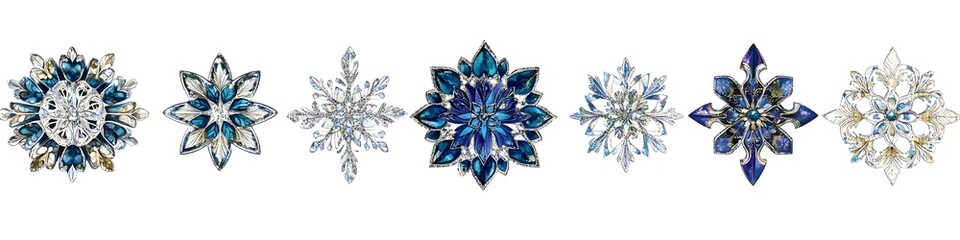 Poster - Collection of colorful snowflake ornaments with intricate patterns, each with different shades of blue and silver, lined up on a white background. Vector art, no shadows, 4k resolution, white