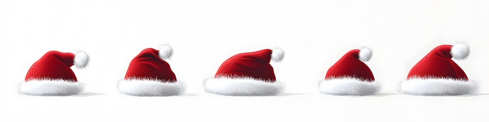 Poster - A row of Santa hats in different sizes and designs, each with fluffy white trim and red velvet, displayed on a seamless white background. Vector art, no shadows, 4k resolution, white background