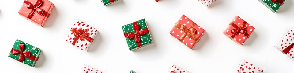 Aufkleber - A visually balanced collection of mini Christmas gift boxes wrapped in festive paper and topped with small bows, arranged on a bright white background. Vector art, no shadows, 4k resolution, white