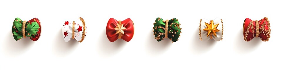 Poster - Assortment of Christmas table napkin rings in holiday-themed designs like holly and stars, arranged in a row on a clean white background. Vector art, no shadows, 4k resolution, white background