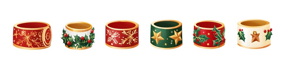 Poster - Assortment of Christmas table napkin rings in holiday-themed designs like holly and stars, arranged in a row on a clean white background. Vector art, no shadows, 4k resolution, white background