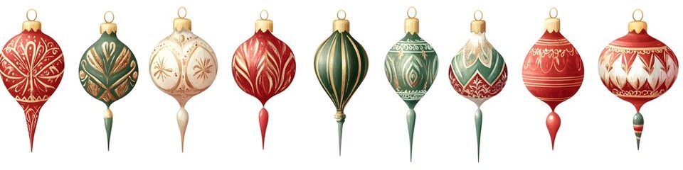 Aufkleber - A collection of classic Christmas ornaments in red, gold, and green, each with intricate patterns and festive details, arranged on a white background. Vector art, no shadows, 4k resolution, white