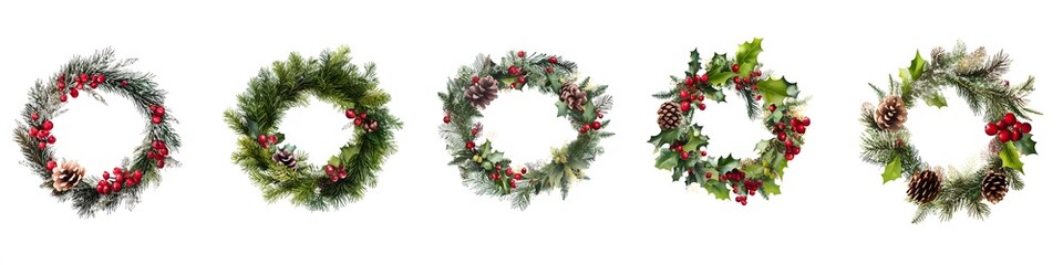 Poster - Collection of mini Christmas wreaths decorated with holly berries and pinecones, each wreath with unique accents, displayed on a clean white background. Vector art, no shadows, 4k resolution, white