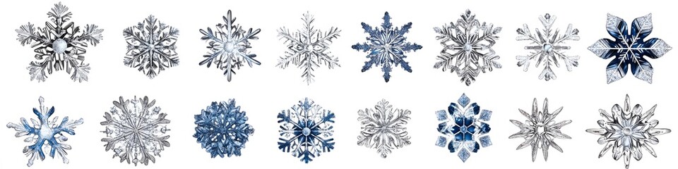 Aufkleber - Array of glittery snowflake ornaments in silver and blue tones, with intricate patterns, arranged in a visually balanced layout on a white background. Vector art, no shadows, 4k resolution, white