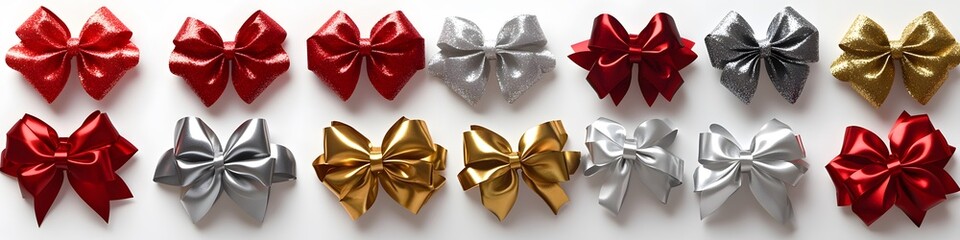 Poster - Assortment of Christmas bows in metallic shades like gold, silver, and red, displayed in an elegant arrangement on a pure white background. Vector art, no shadows, 4k resolution, white background