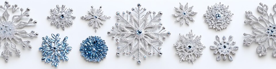 Aufkleber - Array of glittery snowflake ornaments in silver and blue tones, with intricate patterns, arranged in a visually balanced layout on a white background. Vector art, no shadows, 4k resolution, white