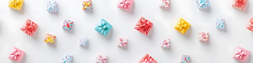 Aufkleber - Collection of small gift boxes wrapped in festive paper with colorful bows, arranged in a visually pleasing pattern on a seamless white background. Vector art, no shadows, 4k resolution, white