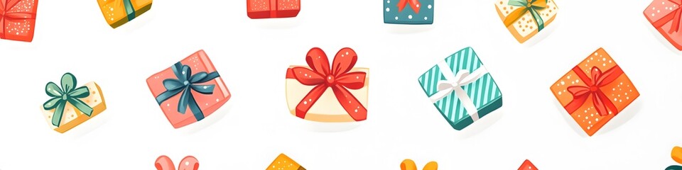 Aufkleber - Collection of small gift boxes wrapped in festive paper with colorful bows, arranged in a visually pleasing pattern on a seamless white background. Vector art, no shadows, 4k resolution, white