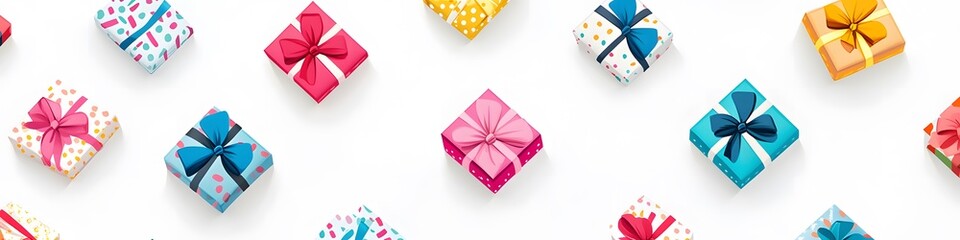 Aufkleber - Collection of small gift boxes wrapped in festive paper with colorful bows, arranged in a visually pleasing pattern on a seamless white background. Vector art, no shadows, 4k resolution, white