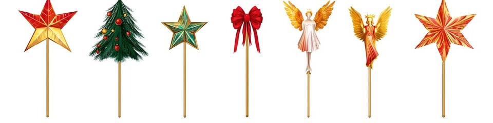 Poster - Collection of Christmas tree toppers, including stars, angels, and bows, each with a unique design, displayed on a seamless white background. Vector art, no shadows, 4k resolution, white background