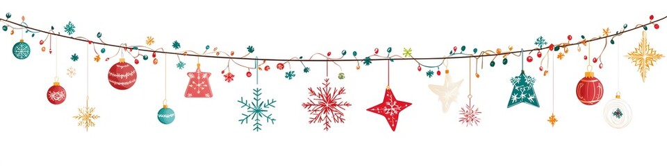Poster - Assortment of Christmas garlands with festive shapes like stars, snowflakes, and ornaments, each garland designed in classic holiday colors, displayed on a white background. Vector art, no shadows,