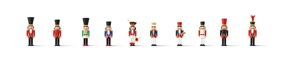 Poster - A variety of miniature nutcracker figurines in traditional holiday colors, displayed in a line on a clean white background. Vector art, no shadows, 4k resolution, white background