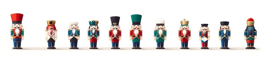 Poster - A variety of miniature nutcracker figurines in traditional holiday colors, displayed in a line on a clean white background. Vector art, no shadows, 4k resolution, white background
