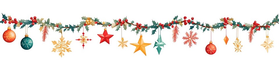 Poster - Assortment of Christmas garlands with festive shapes like stars, snowflakes, and ornaments, each garland designed in classic holiday colors, displayed on a white background. Vector art, no shadows,