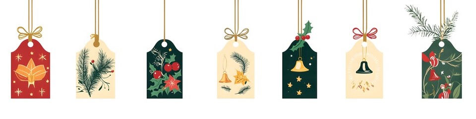 Poster - Row of Christmas gift tags in various holiday designs and colors, with festive details like bells and holly, displayed on a seamless white background. Vector art, no shadows, 4k resolution, white