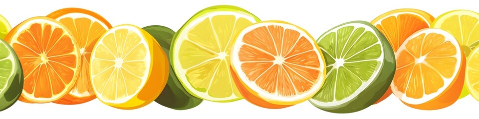 Fototapete - A collection of citrus fruits including oranges, lemons, and limes, each sliced to show vibrant pulp and arranged in a neat row on a white background. Vector art, no shadows, 4k resolution, white