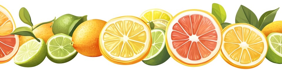 Fototapete - A collection of citrus fruits including oranges, lemons, and limes, each sliced to show vibrant pulp and arranged in a neat row on a white background. Vector art, no shadows, 4k resolution, white