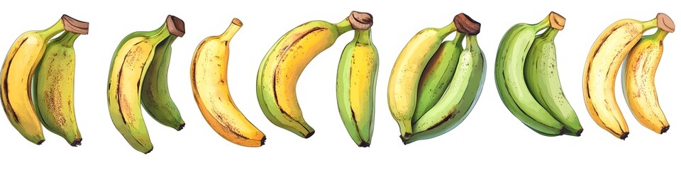Aufkleber - Collection of bananas at various stages of ripeness, from green to fully yellow, arranged to display the natural aging process on a seamless white background. Vector art, no shadows, 4k resolution,