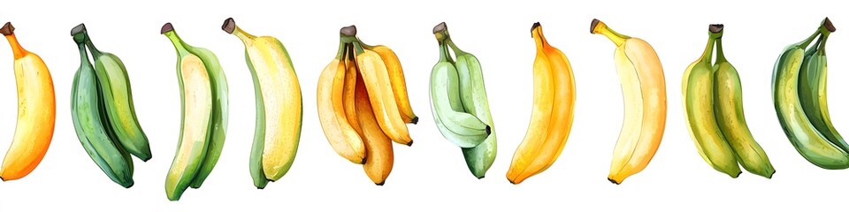 Aufkleber - Collection of bananas at various stages of ripeness, from green to fully yellow, arranged to display the natural aging process on a seamless white background. Vector art, no shadows, 4k resolution,