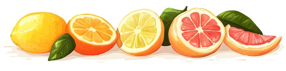 Poster - Assortment of citrus halves including grapefruit, lemon, and orange, each with detailed pulp and vibrant colors, displayed on a clean white background. Vector art, no shadows, 4k resolution, white