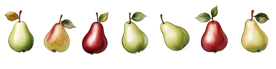 Poster - Array of pears in green and red shades, each with realistic stems and subtle texture details, arranged on a pure white background. Vector art, no shadows, 4k resolution, white background