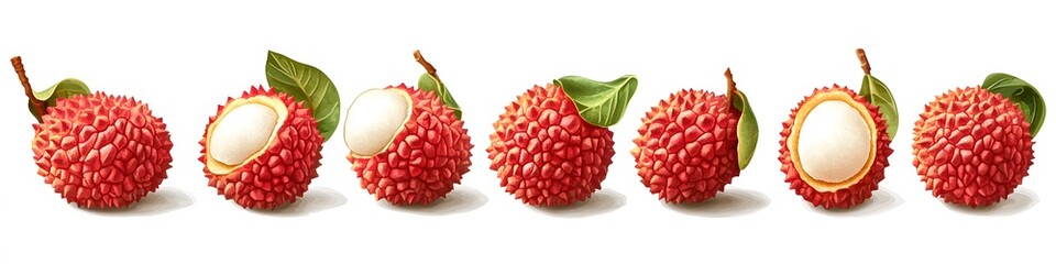 Poster - Collection of tropical lychees, each with textured shells and white pulp exposed, displayed in a neat row on a seamless white background. Vector art, no shadows, 4k resolution, white background