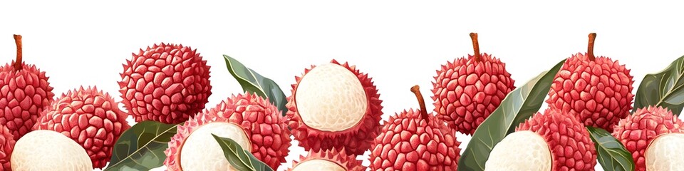 Poster - Collection of tropical lychees, each with textured shells and white pulp exposed, displayed in a neat row on a seamless white background. Vector art, no shadows, 4k resolution, white background