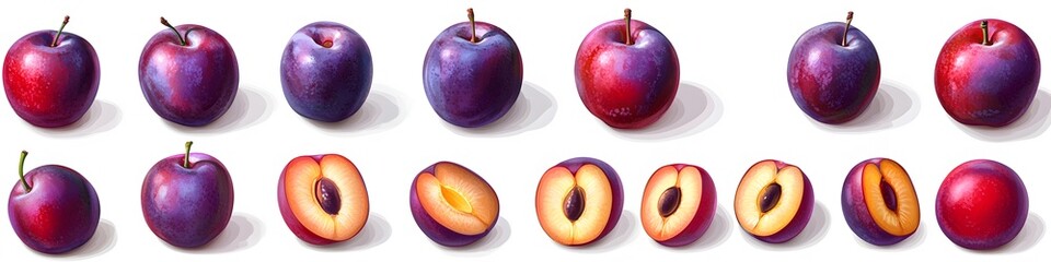 Poster - Collection of fresh plums in shades of red and purple, some whole and others halved to reveal the pit, displayed on a clean white background. Vector art, no shadows, 4k resolution, white background