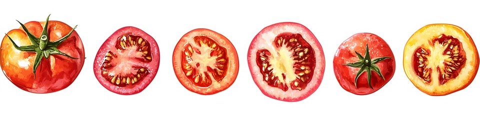 Aufkleber - Collection of fresh tomatoes, some whole and others sliced to reveal seeds, arranged in a neat line on a pure white background. Vector art, no shadows, 4k resolution, white background