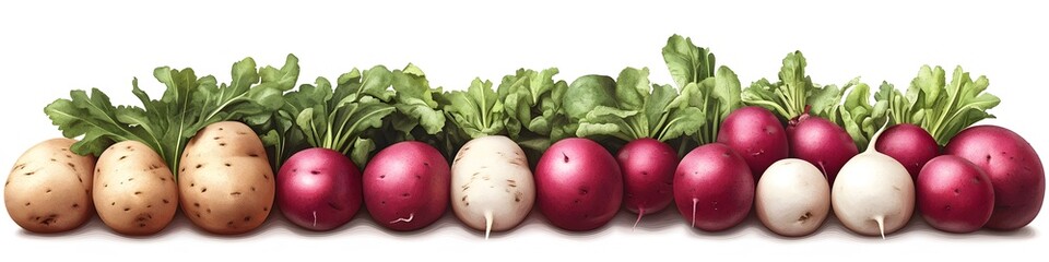 Poster - Array of root vegetables including potatoes, radishes, and turnips, each with earthy details, displayed in an organized row on a clean white background. Vector art, no shadows, 4k resolution, white
