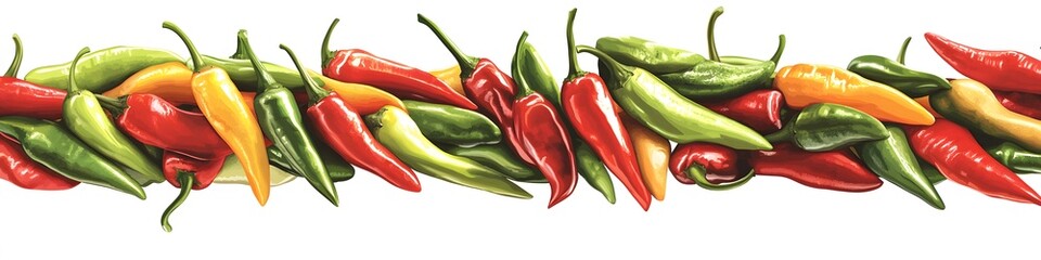 Aufkleber - Collection of vibrant chili peppers in red, green, and yellow, arranged in a visually appealing line on a seamless white background. Vector art, no shadows, 4k resolution, white background