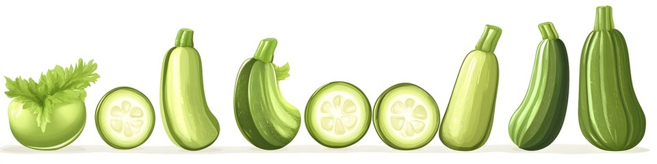 Poster - Display of zucchini, some whole and some sliced to reveal the light green interior, arranged in a neat line on a clean white background. Vector art, no shadows, 4k resolution, white background