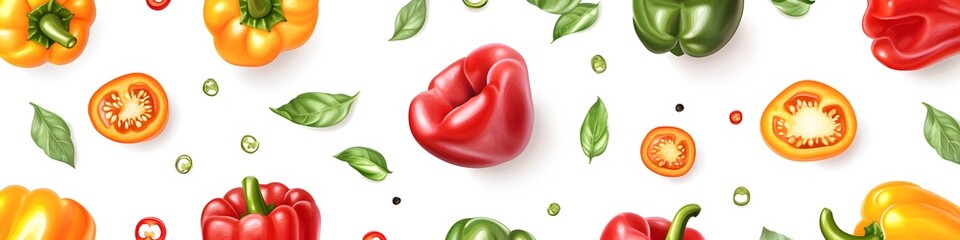 Poster - Array of colorful bell peppers, arranged with some whole and others halved to showcase the seeds, positioned on a seamless white background. Vector art, no shadows, 4k resolution, white background