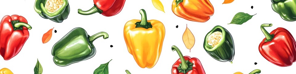 Poster - Array of colorful bell peppers, arranged with some whole and others halved to showcase the seeds, positioned on a seamless white background. Vector art, no shadows, 4k resolution, white background