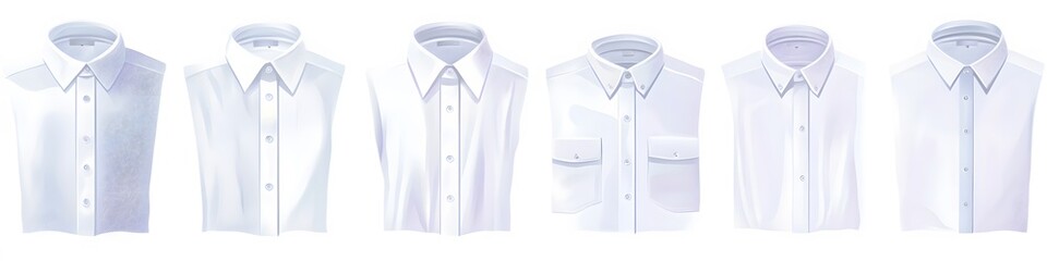 Aufkleber - A collection of classic white button-down shirts in various collar styles, each neatly folded and arranged in a line on a white background. Vector art, no shadows, 4k resolution, white background