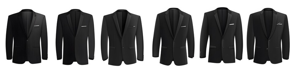 Poster - A set of black suits in different fits, including slim, tailored, and regular, with detailed button and pocket variations, displayed on a seamless white background. Vector art, no shadows, 4k
