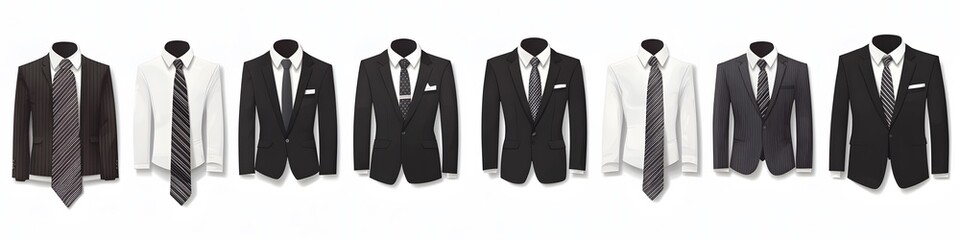 Poster - A variety of black suit ensembles with white dress shirts and coordinated ties in shades of gray, arranged to highlight different formal styles on a clean white background. Vector art, no shadows, 4k