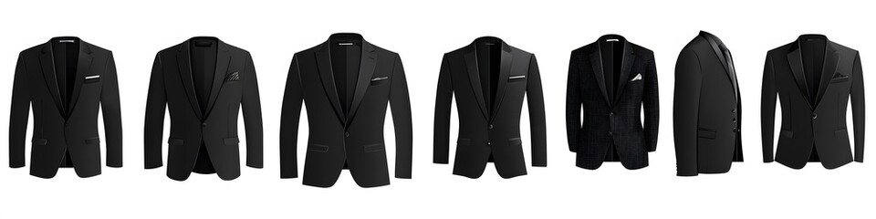 Aufkleber - Collection of black suit jackets with varied pocket styles, including flap, jetted, and patch pockets, each suit showcasing subtle details, arranged on a pure white background. Vector art, no