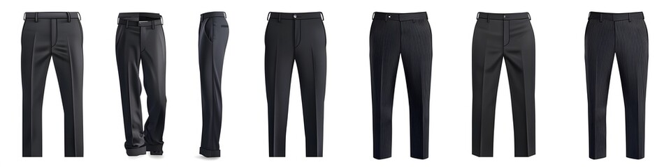 Aufkleber - Collection of black suits with matching trousers, showcasing different waistband styles and pleated vs. flat-front designs, arranged neatly on a white background. Vector art, no shadows, 4k