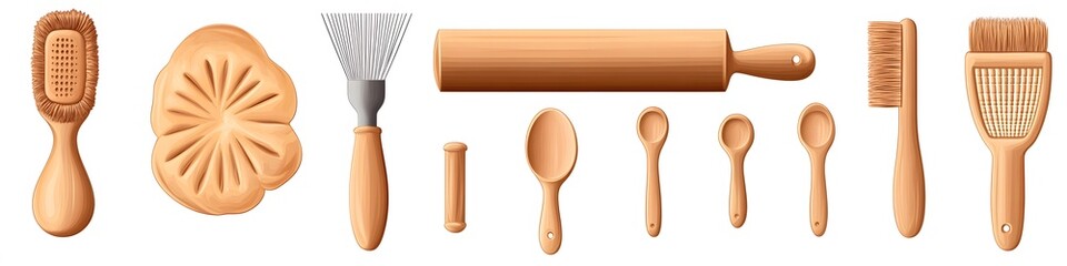 Poster - A set of baking tools including a rolling pin, pastry brush, and measuring spoons, each tool positioned to showcase intricate details on a seamless white background. Vector art, no shadows, 4k