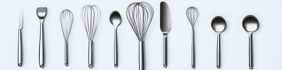 Aufkleber - Array of mixing tools such as a stainless steel whisk, silicone spatula, and spoon, arranged in a visually pleasing pattern on a bright white background. Vector art, no shadows, 4k resolution, white