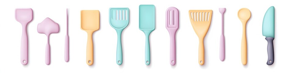 Aufkleber - Collection of baking utensils including a silicone spatula, dough scraper, and pastry cutter, arranged to showcase their functional designs on a pure white background. Vector art, no shadows, 4k