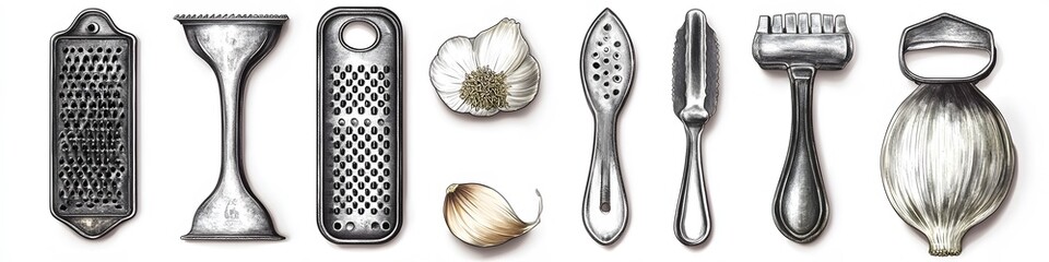 Poster - Display of garlic presses, graters, and peelers, each tool with intricate metalwork details, arranged on a bright white background. Vector art, no shadows, 4k resolution, white background