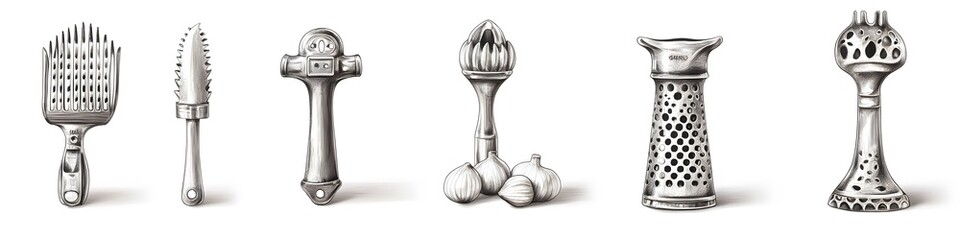 Poster - Display of garlic presses, graters, and peelers, each tool with intricate metalwork details, arranged on a bright white background. Vector art, no shadows, 4k resolution, white background