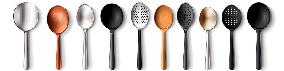 Poster - Array of mixing spoons in stainless steel, wood, and silicone, each with unique details, displayed in a row on a seamless white background. Vector art, no shadows, 4k resolution, white background