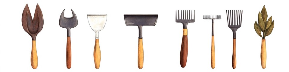 Aufkleber - A collection of essential garden tools including a trowel, hand rake, and pruner, each arranged in a neat line on a white background. Vector art, no shadows, 4k resolution, white background