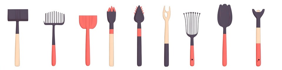 Aufkleber - A collection of essential garden tools including a trowel, hand rake, and pruner, each arranged in a neat line on a white background. Vector art, no shadows, 4k resolution, white background