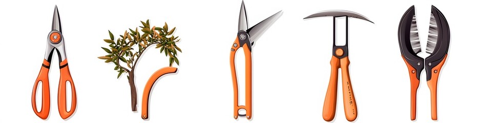 Poster - A set of pruning tools including a lopper, hedge shears, and bypass pruners, each tool positioned to showcase intricate details on a seamless white background. Vector art, no shadows, 4k resolution,