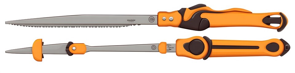 Poster - A set of pruning tools including a lopper, hedge shears, and bypass pruners, each tool positioned to showcase intricate details on a seamless white background. Vector art, no shadows, 4k resolution,